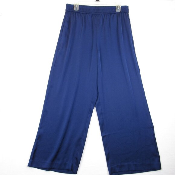 Ann Taylor Wide Leg Blue Pant Satin Women’s Size L Petite Pull On Elastic Waist - Picture 1 of 5
